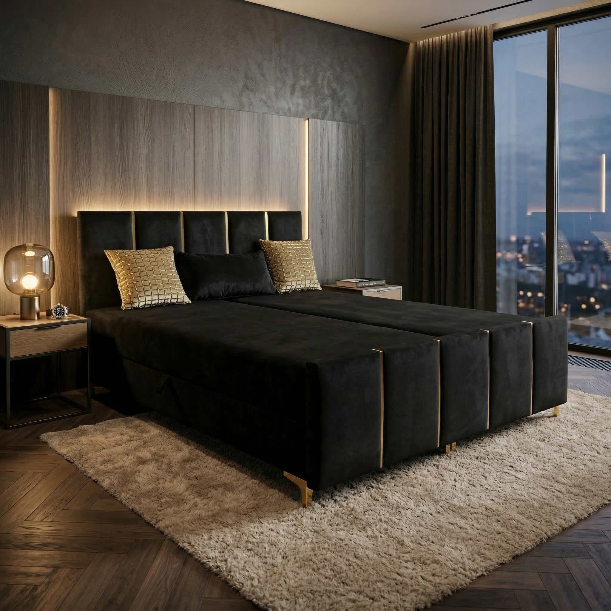 Łóżko kontynentalne VALENCIA czarne ze złotymi wstawkami – styl glamour