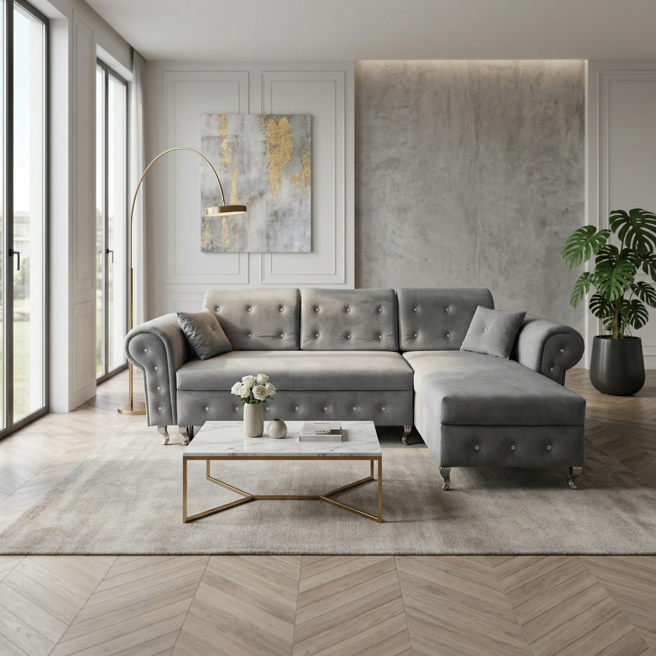 Narożnik Monako szary Chesterfield w nowoczesnym salonie z elegancką aranżacją