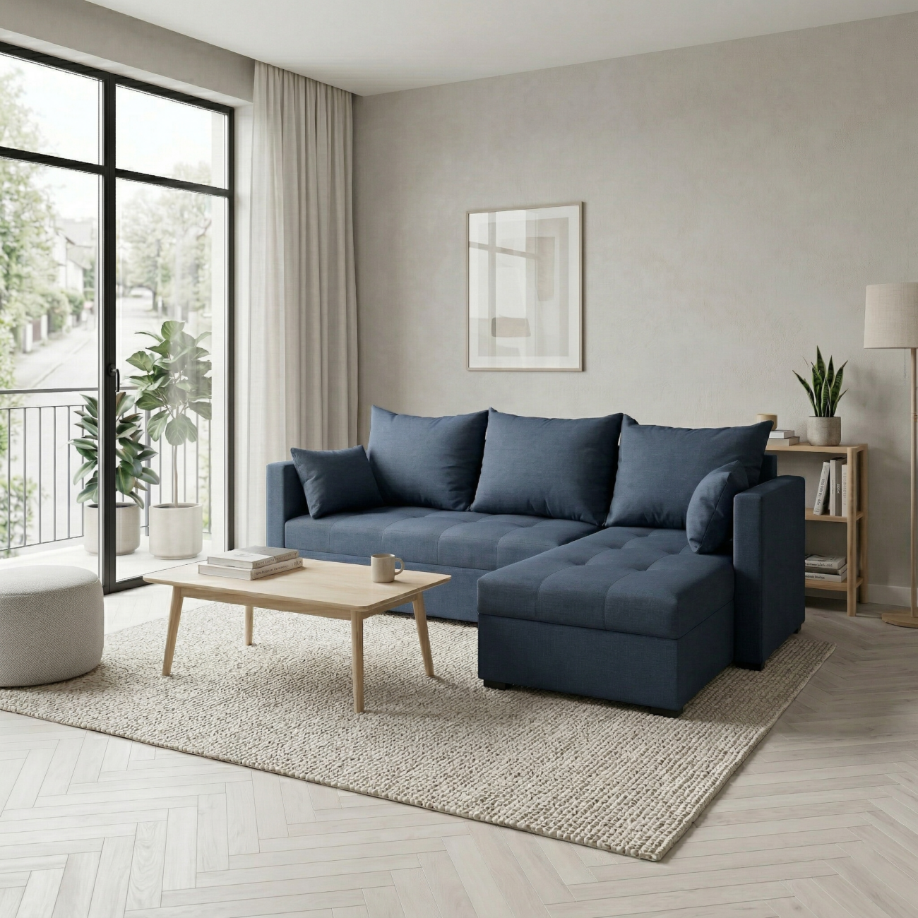 Narożnik BARI niebieski w salonie – nowoczesny narożnik z funkcją spania